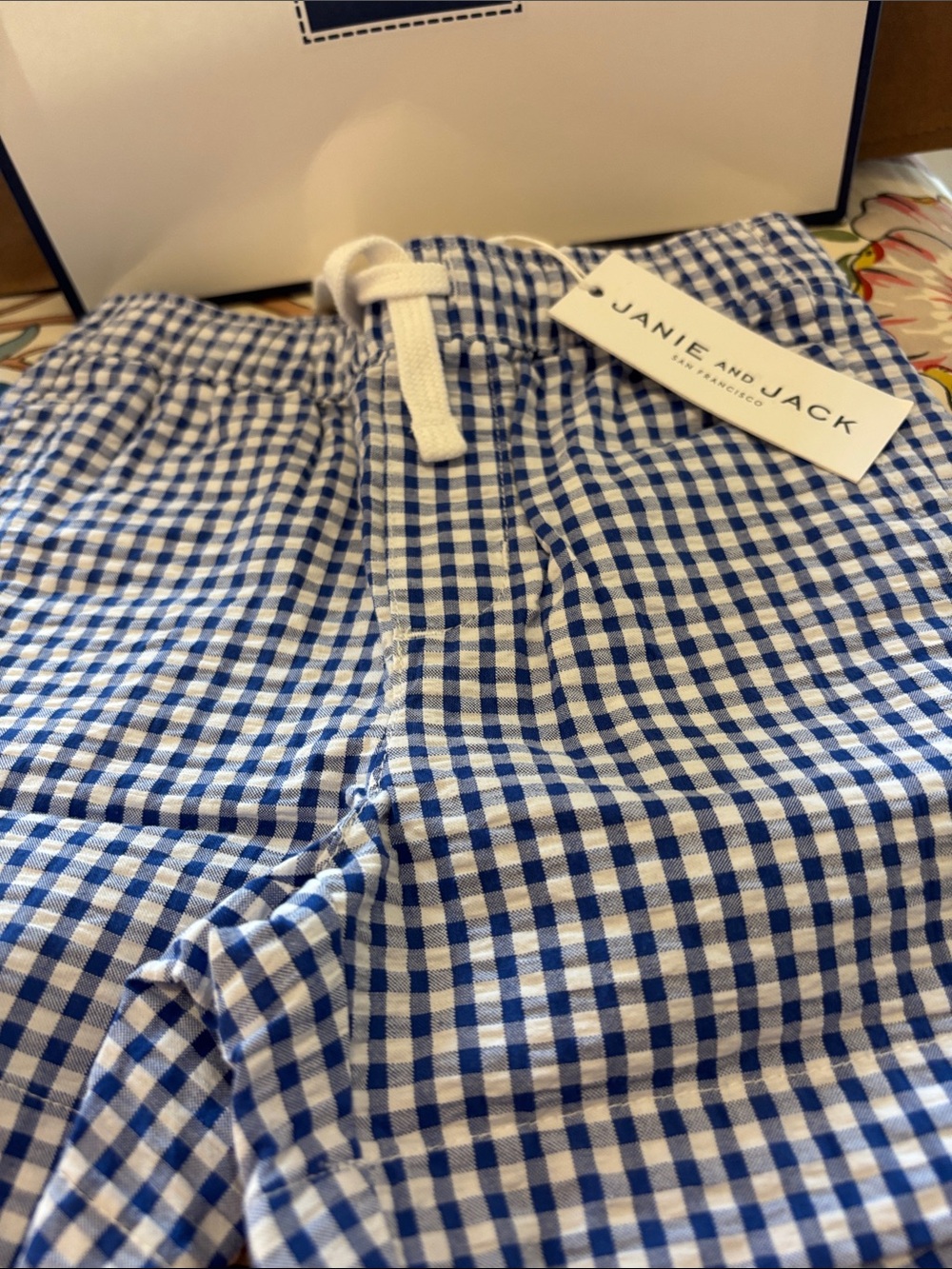 Janie and Jack Blue and White Gingham Drawstring Shorts